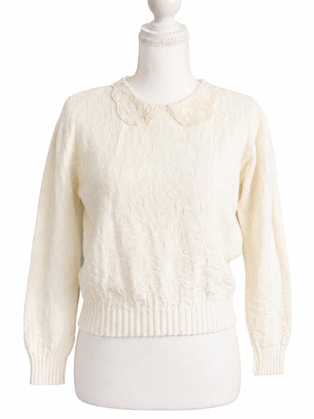 Vintage Jet Set Ivory Lace Collar Knit Sweater XS S